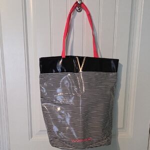 VS Striped Black & White Coated Vinyl Beach Travel Tote with Pink Handles